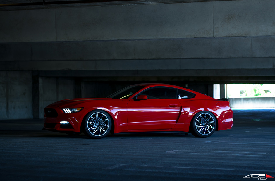 Lowered Mustang V6 on 19" Mica Gray with Machined Face Ace Alloy Driven D716 Wheels in Parking Structure