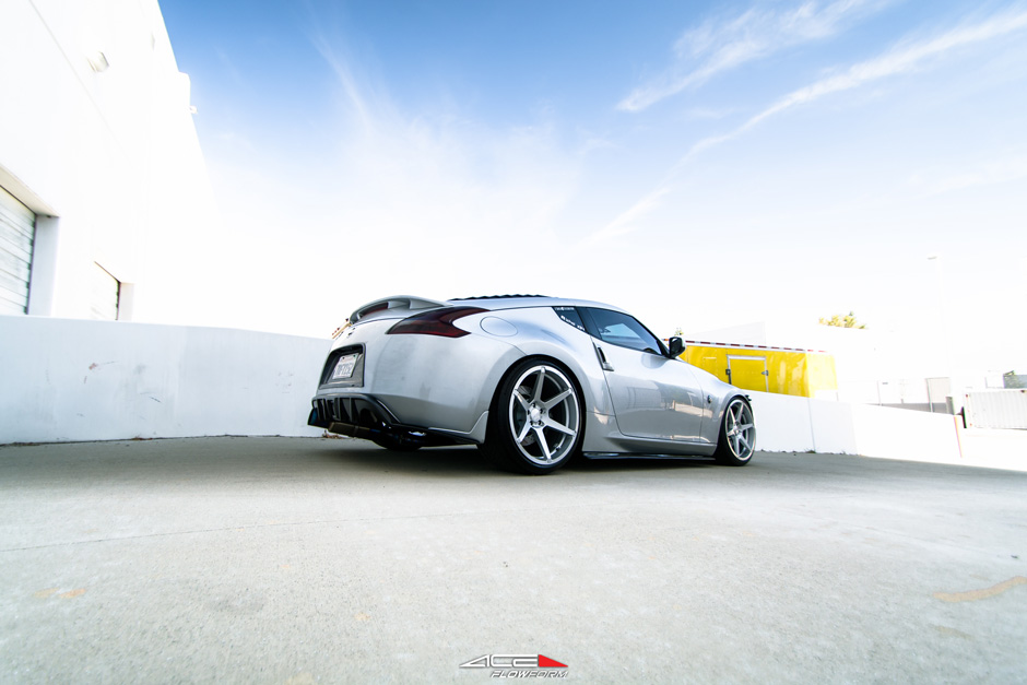 Lowered Nissan 370z with Silver Aftermarket Light weight Ace Alloy Flowform AFF06 Wheels